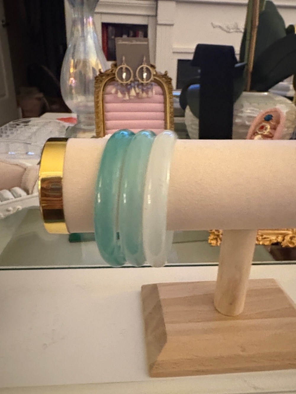 Elegant Aqua & White Resin Bangle Set , 80’s . Vintage
